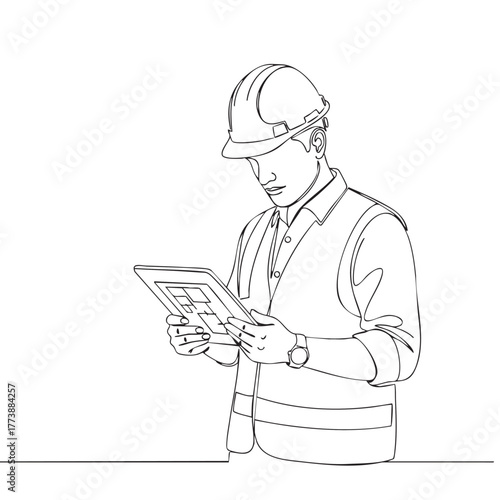 A continuous line drawing depicts a construction worker wearing a hard hat and safety vest, intently examining a tablet device, representing modern construction practices.