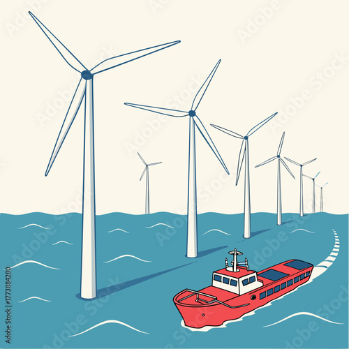 Red cargo ship sails through ocean past a row of large offshore wind turbines generating clean energy