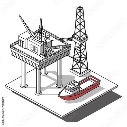 Isometric illustration of an offshore oil rig with a drilling derrick and a supply boat
