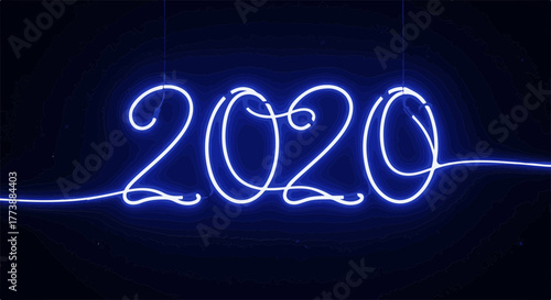 Ai futuristic office workspace with holographic screens glowing neon blue 2020 numbers suspended in the dark with abstract light trails and contour lines, representing the year and futuristic technolo