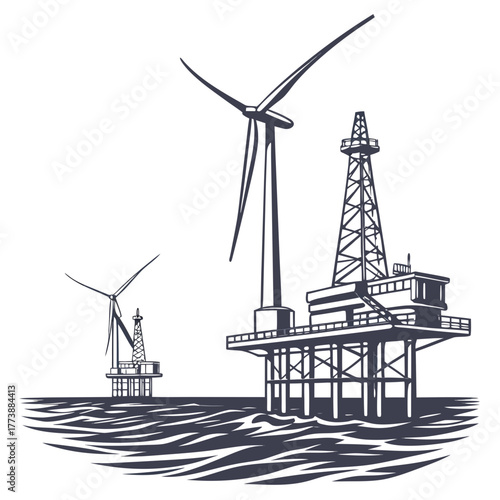 Offshore wind turbines and oil rig platforms in the ocean symbolizing renewable and fossil fuel energy sources