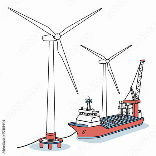 Offshore wind farm construction with a specialized vessel and turbine installation in the ocean