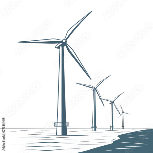 Row of offshore wind turbines generating clean energy in the ocean with a white background
