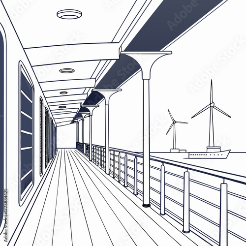 Perspective view of a ship deck with wind turbines and a boat in the distance on the ocean