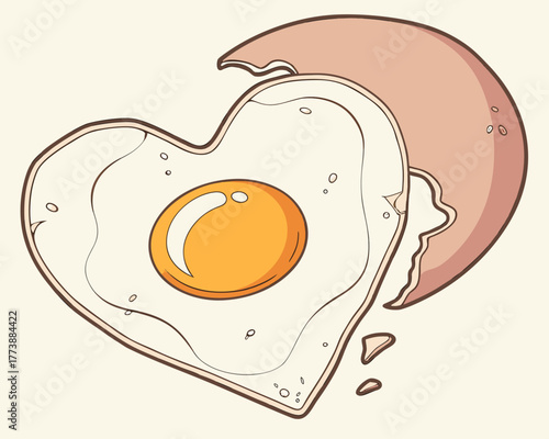 Heart shaped sunny side up egg with cracked shell, a breakfast love symbol, perfect for food blogs, Valentine's Day promotions, and culinary designs