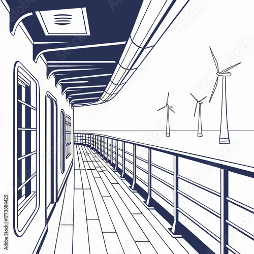 View from a ship deck looking out at offshore wind turbines in the ocean under a clear sky