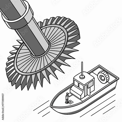 Large bevel gear mechanism interacting with a small fishing boat on white background