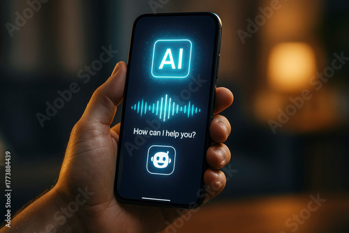 Hand holding smartphone displaying AI voice assistant interface with waveform and chatbot icon mobile phone