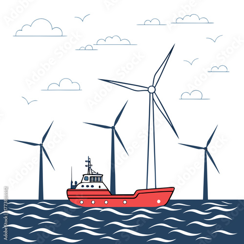 Offshore wind farm with a service boat sailing on wavy ocean under a cloudy sky with birds