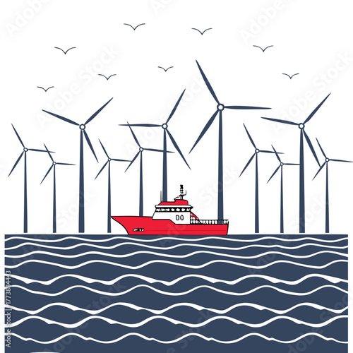 Red boat sails on wavy ocean water near offshore wind turbines with seagulls flying above
