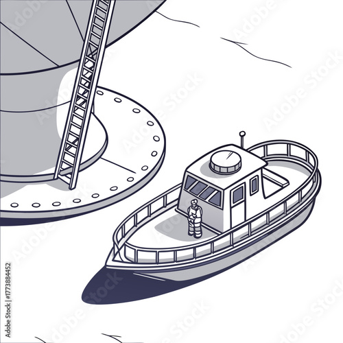 A lone figure in a protective suit stands on a boat next to a large industrial structure with a ladder