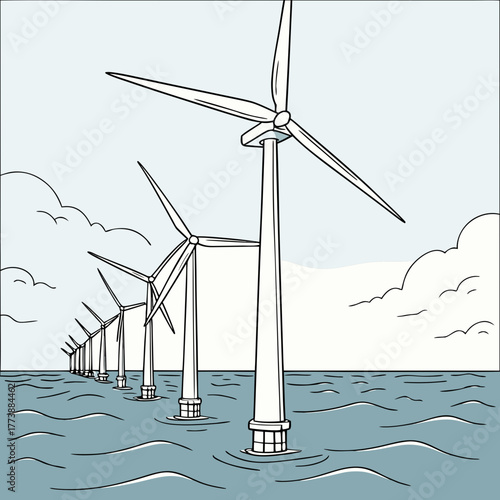 Row of offshore wind turbines generating clean energy in the ocean under a cloudy sky