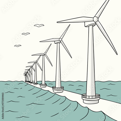 Row of wind turbines generating renewable energy in the ocean with stylized clouds above