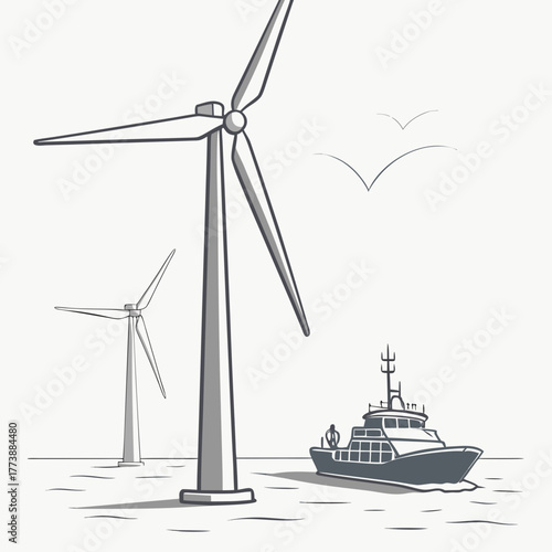 Offshore wind turbines and a service boat at sea with birds flying in the sky