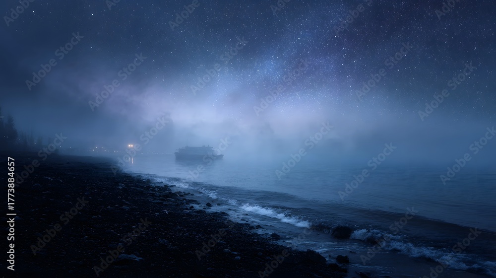 Naklejka premium A misty star filled night over a tranquil ocean with a distant boat and rocky shore