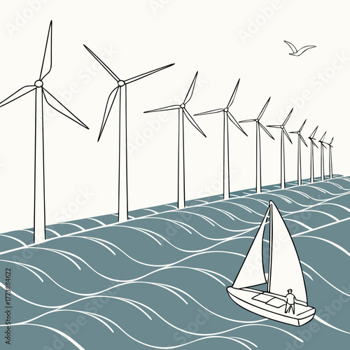 A lone sailboat navigates the ocean waves near a row of offshore wind turbines under a clear sky