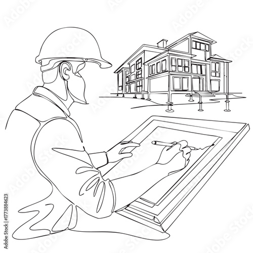 A continuous line drawing illustrates an architect in a hard hat sketching a building design, showcasing creativity and architectural planning on a white background.