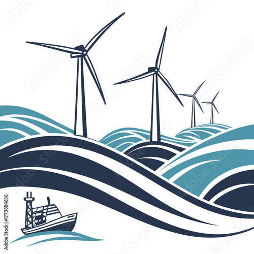 Offshore wind turbines generate clean energy on stylized blue ocean waves with a small boat