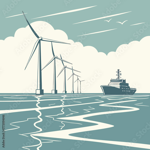Offshore wind farm with turbines and a ship sailing on the ocean under a cloudy sky