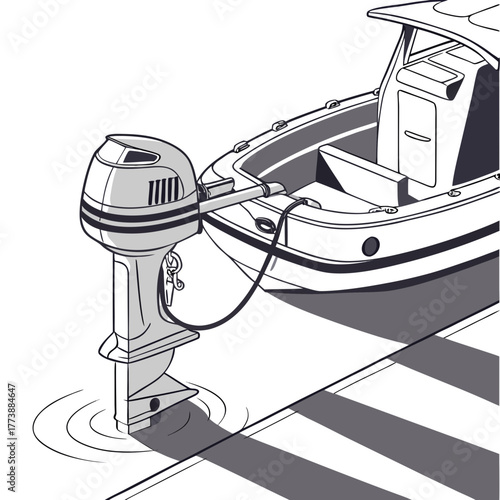Detailed illustration of a modern outboard motor attached to the stern of a small boat docked at a pier