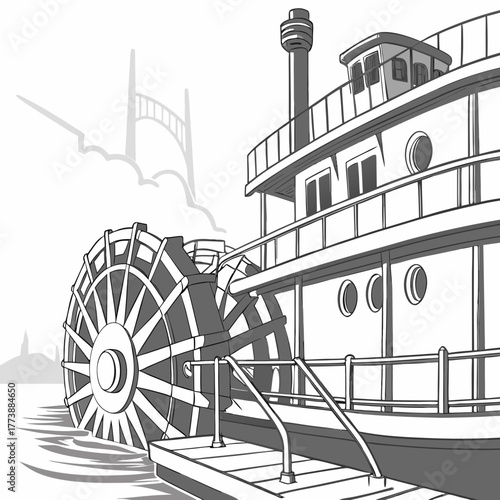 A vintage paddlewheel steamboat docked at a pier with a bridge in the misty background