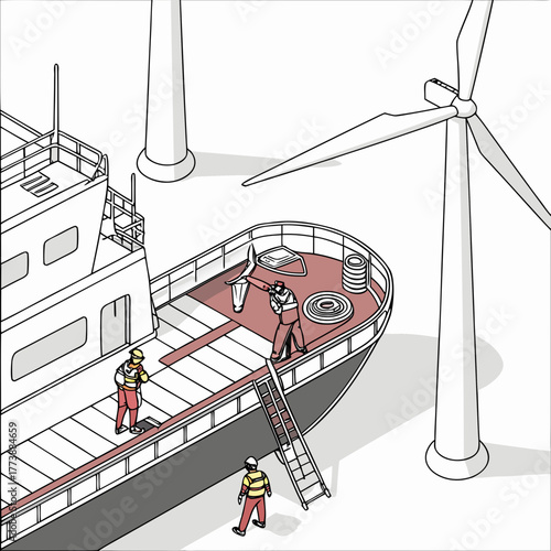 Workers on a ship deck near wind turbines concept of renewable energy installation and maintenance