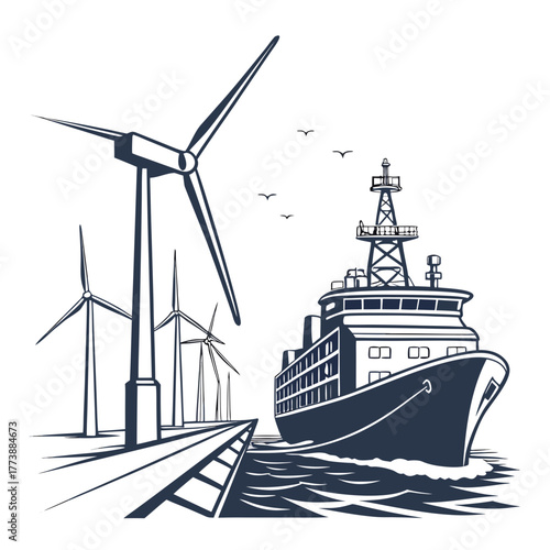 Modern cargo ship sails past offshore wind turbines on a clear day with birds flying overhead