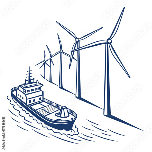 A cargo ship sails past a row of offshore wind turbines generating clean renewable energy on a clear day
