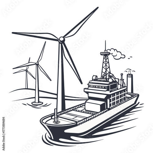 Offshore wind turbines and a large cargo ship sailing on the ocean water in a stylized illustration