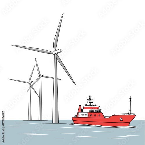 Offshore wind farm with a red service vessel sailing on the ocean water