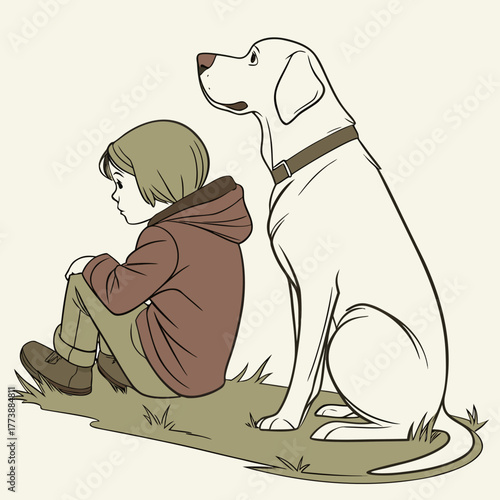 A young child and a loyal dog sit together peacefully on the grass in a simple illustration
