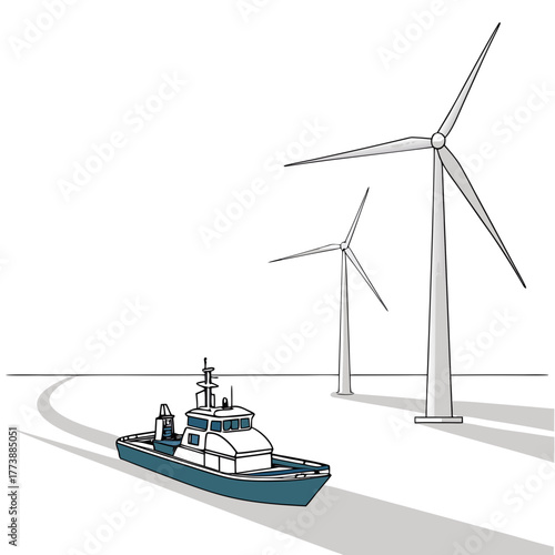A boat sails on the water near large wind turbines generating clean energy
