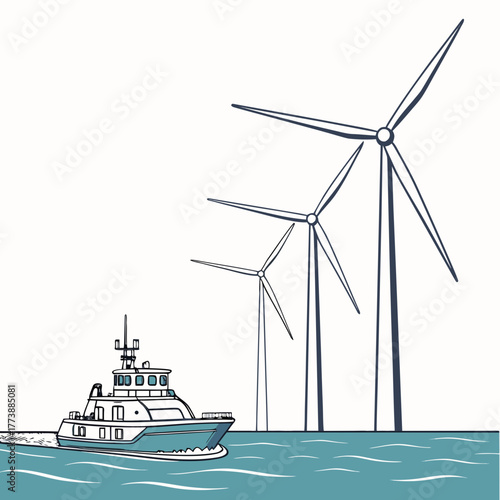 A boat sails on the ocean near a row of tall wind turbines generating clean energy