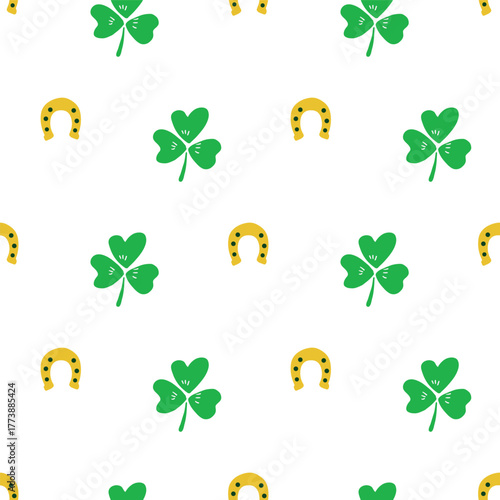 Green gold Saint Patricks Day shamrocks and horseshoes seamless vector pattern. Irish lucky charm motifs. Geometric St. Patricks day celebration symbols on white background. Ireland themed backdrop.