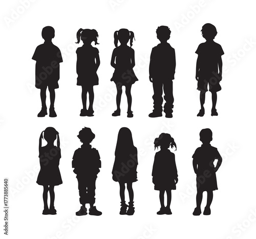 Silhouette of a group of children standing together, smiling and enjoying themselves. Children of various ethnicities, including girls and boys, are in a cheerful and friendly atmosphere. Cute and div