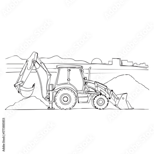 A detailed line art illustration shows a backhoe loader at a construction site, creating a simple yet effective visual for educational or creative projects.