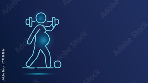 Pregnancy Fitness Icon Concept, Neon Illustration of a Pregnant Woman Working Out with Dumbbells for Healthy Lifestyle, Exercise, and Maternity Wellness 