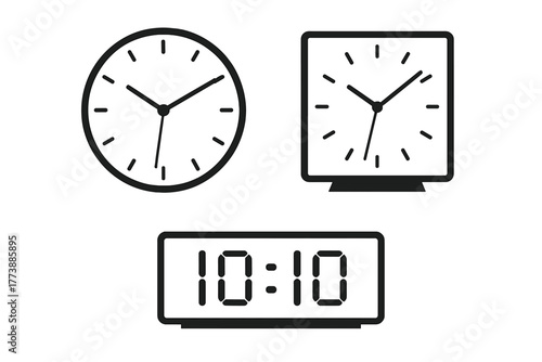 Set of three clock icons showing different analog and digital time displays