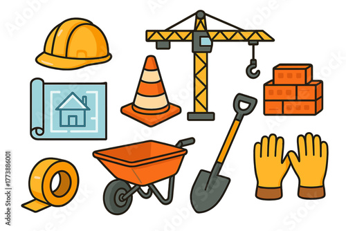 Essential construction site tools and equipment set including crane and safety gear