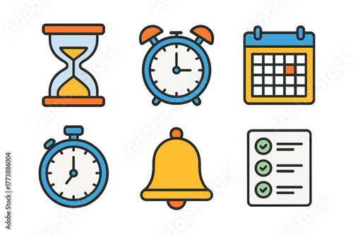 Time management and scheduling icons set with clock, calendar, stopwatch, and checklist