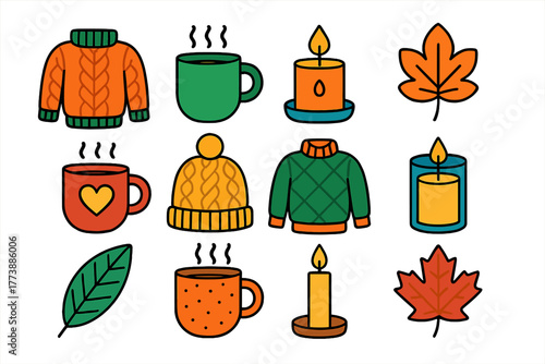 Cozy autumn and winter elements collection featuring warm clothing hot beverages and seasonal foliage