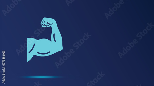 Biceps Muscle Flexing Arm Icon on Dark Blue Gradient Background - Symbol of Strength, Fitness, and Power for Gyms, Sports, and Healthy Lifestyle Concepts