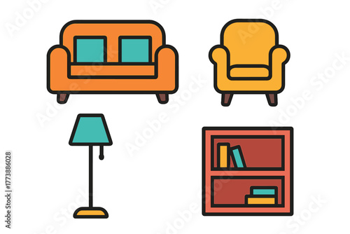 Colorful living room furniture set with sofa, armchair, floor lamp, and bookshelf
