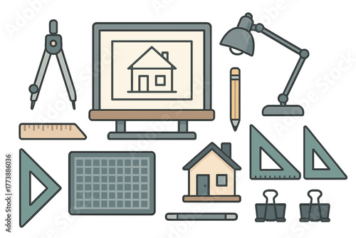 Architectural drafting tools and equipment set with compass, rulers, monitor, and house model