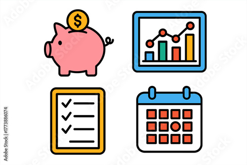 Financial planning icons for business management savings analysis and scheduling