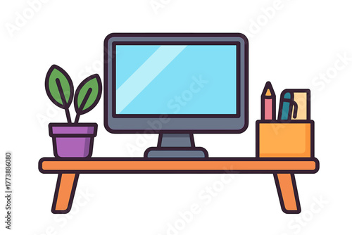 Minimalist desktop setup with monitor, potted plant and stationery on wooden table