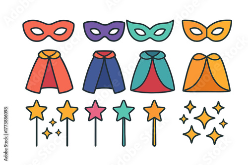 Colorful superhero capes, eye masks, and star magic wands for costume parties