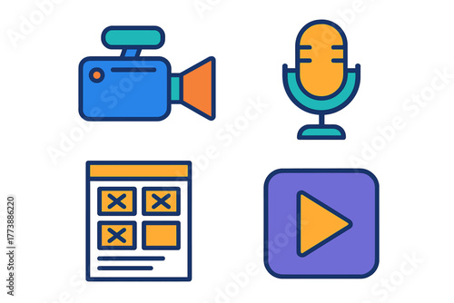 Media production and streaming icons set featuring camera, microphone, interface, and player symbols