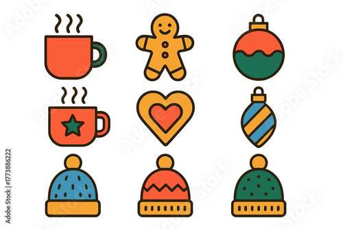 Colorful winter holiday and Christmas items: hot cocoa mugs, festive cookies, ornaments, and knit hats