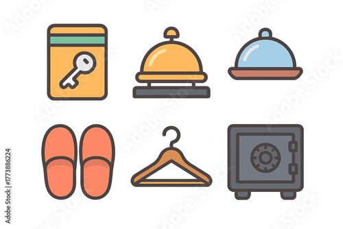 Colorful hotel room amenities and service items including key card, safe, slippers, and bell